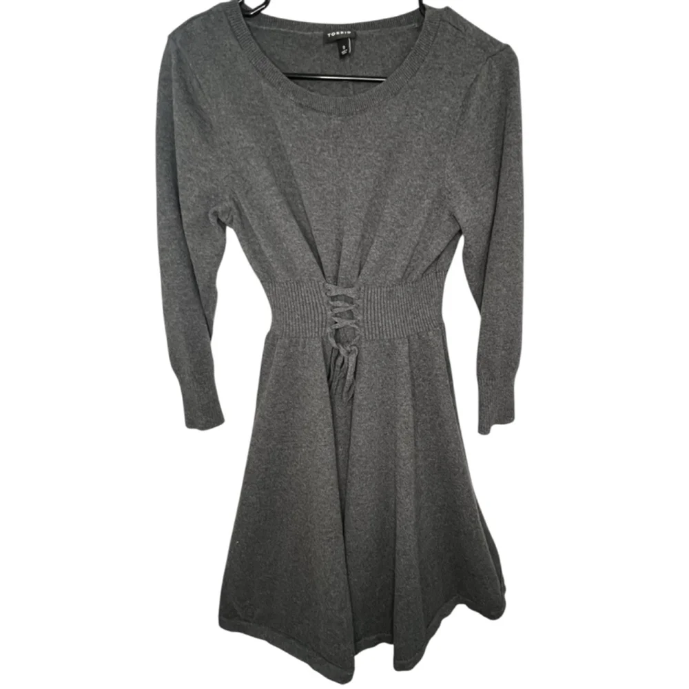 Torrid Grey Long Sleeve A-Line Sweater Dress With Lace Up Waist